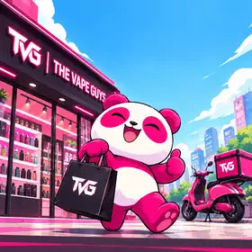 The Vape Guys panda carrying a TVG bag outside a TVG store, with a delivery scooter
