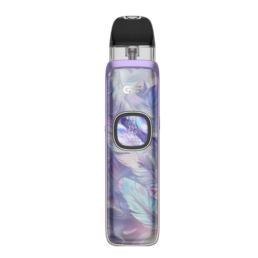 Vape device with purple and black design on a white background