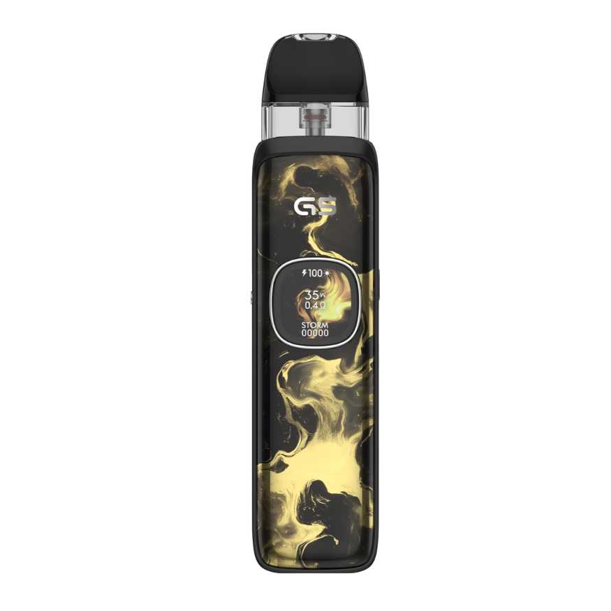 Vape device with black and gold design on a white background