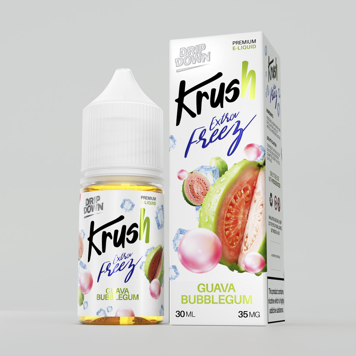 A bottle and box of Krush Extra Fizz Guava Bubblegum e-liquid, 30ml, displayed on a neutral light gray background. The packaging features white, black, green, and pink graphics with illustrations of guava fruit and bubblegum.