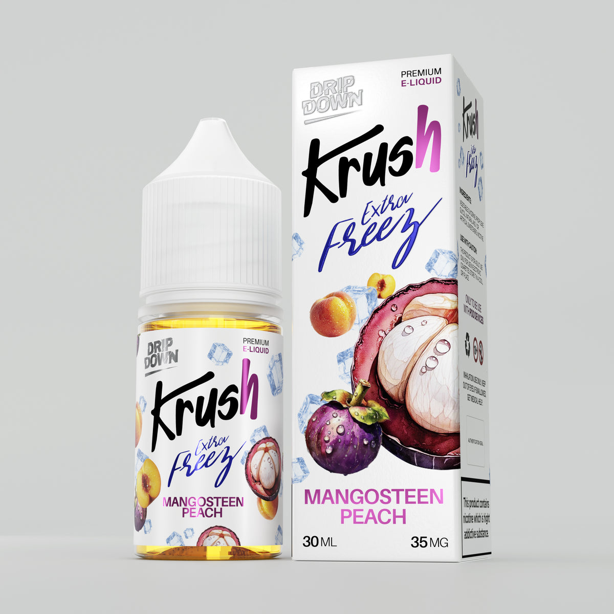 A bottle and box of Krush Silver Freez e-liquid in the Mangosteen Peach flavor, shown on a neutral light gray background. The packaging features white, purple, and pink graphics with illustrations of mango and peach fruits.