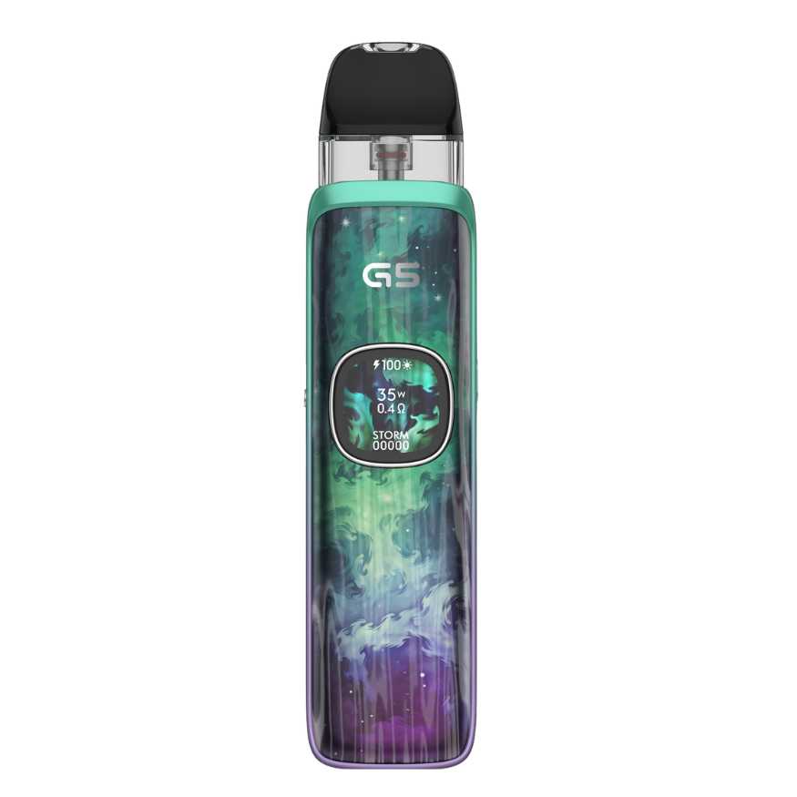 Vape device with a colorful design on a white background