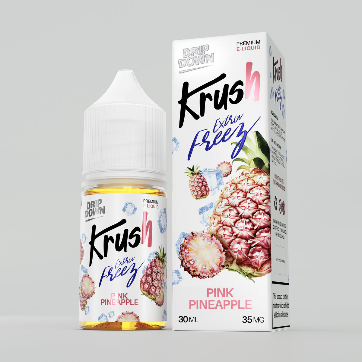 A bottle of Krush Silver Freizi Pink Pineapple e-liquid next to its retail box packaging, set against a solid light gray background.