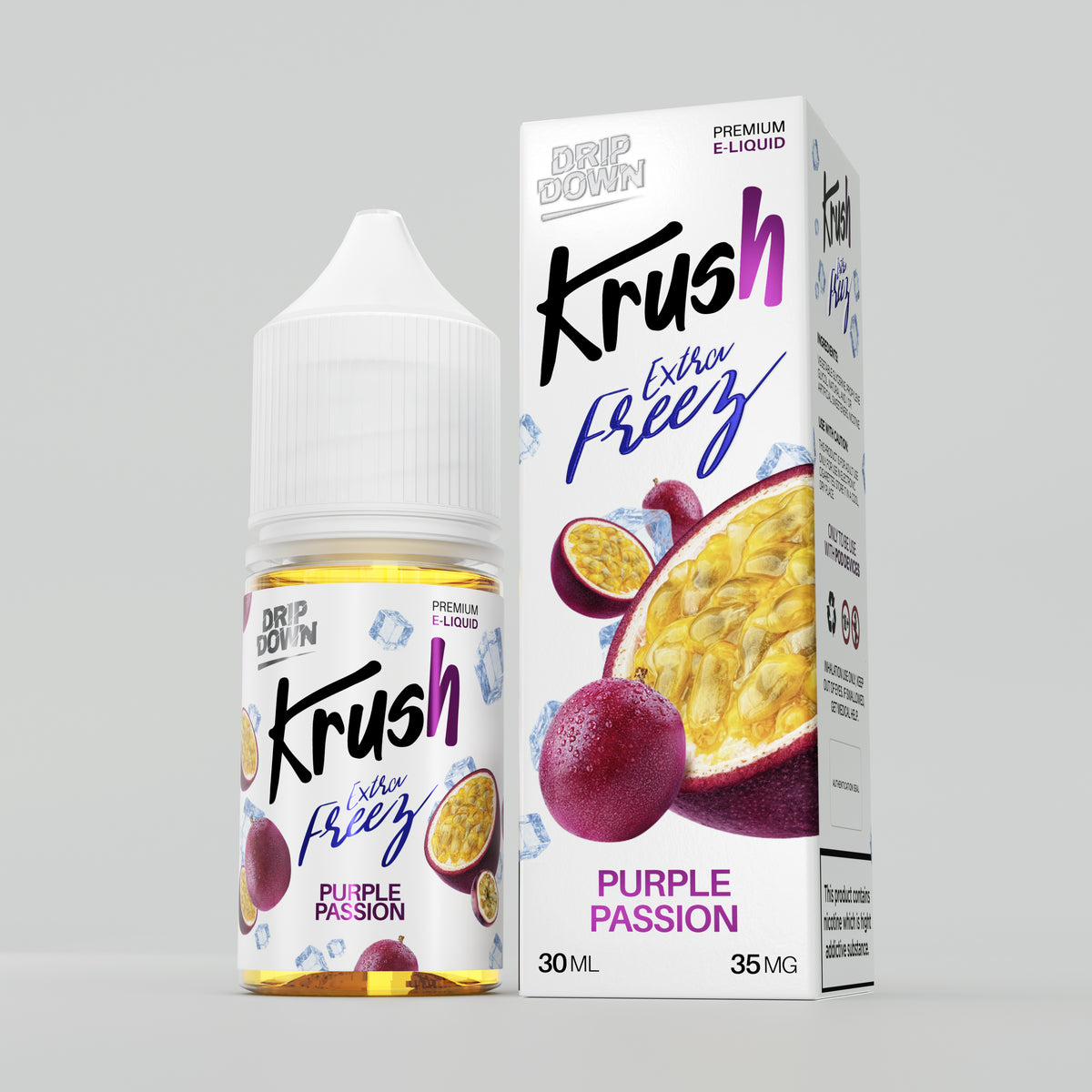 A bottle and box of Krush Extra Freeze Purple Passion e-liquid by Drip Down, featuring a white and purple label with passion fruit illustrations, set against a solid gray background.