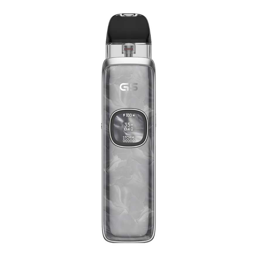 Clear vaping device with black top on a white background