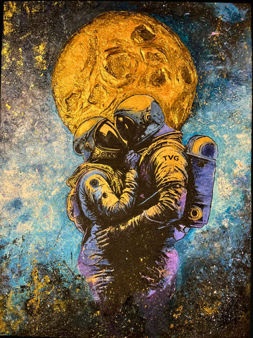 Textured Golden Moon Handmade Canvas Painting | Modern Space Wall Art by TVG Arts Pakistan