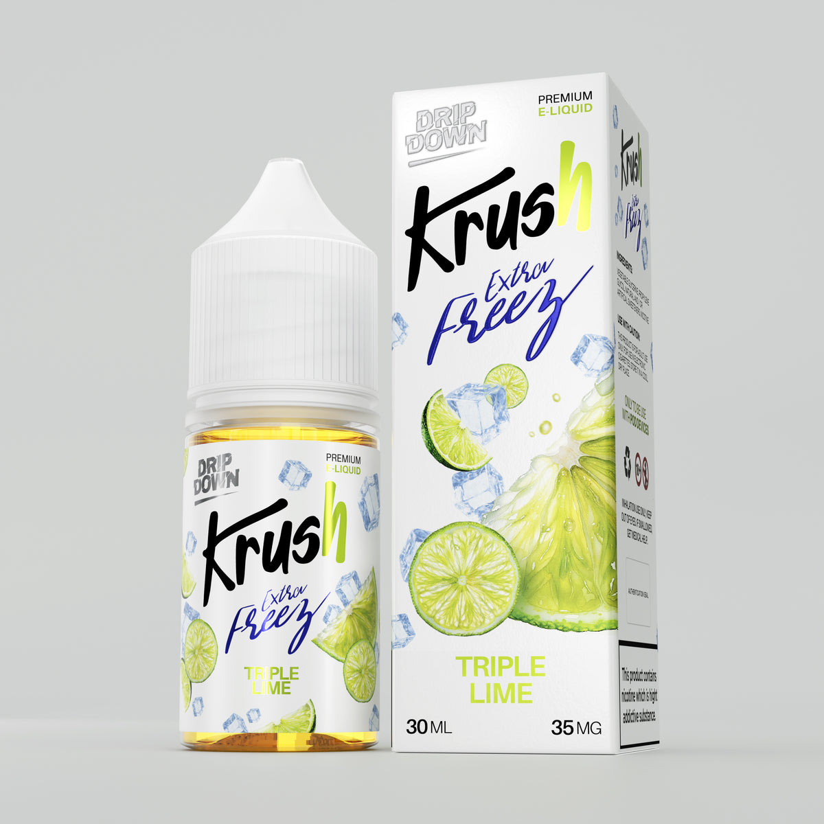 A bottle of Krush Extra Fizz Triple Lime e-liquid next to its retail box packaging, featuring a white cap and lime and ice graphics on a light gray background.