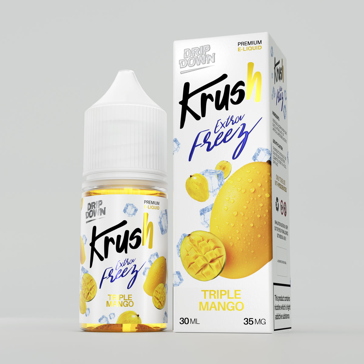 A bottle and box of Krush Extra Fizz Triple Mango e-liquid, 30ml, shown on a neutral light gray background. The packaging features a white base with yellow mango graphics, blue and black text, and ice cube accents.