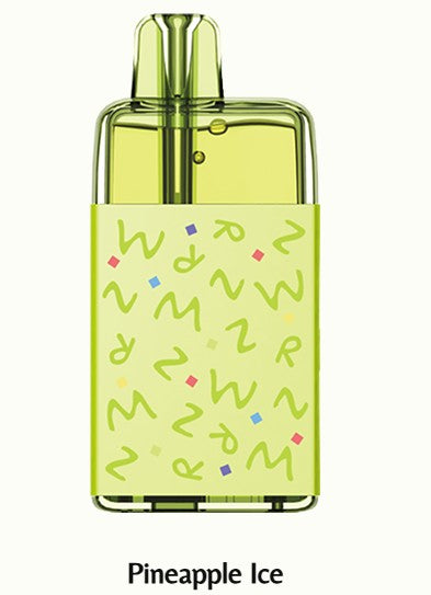 A translucent light green disposable vape device with a matching green sleeve decorated with colorful squiggly lines and small confetti dots, shown on a plain light background with the text 'Pineapple Ice' below.