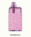 A translucent purple disposable vape device with a pink sleeve decorated with pink squiggles and small multicolored confetti dots, shown on a light cream background with the text 'Strawberry Ice' underneath.