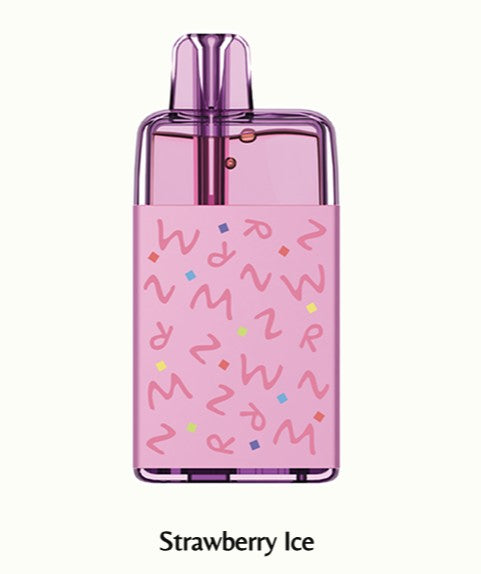 A translucent purple disposable vape device with a pink sleeve decorated with pink squiggles and small multicolored confetti dots, shown on a light cream background with the text 'Strawberry Ice' underneath.