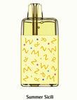 A rectangular perfume bottle with a pale yellow body and a pattern of yellow squiggly lines and small multicolored dots, shown on a light background with the text 'Summer Sicili' below.