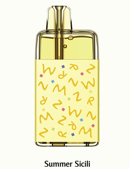 A rectangular perfume bottle with a pale yellow body and a pattern of yellow squiggly lines and small multicolored dots, shown on a light background with the text 'Summer Sicili' below.