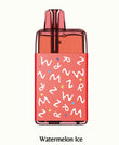 A translucent red disposable vape device with a pinkish-red sleeve printed with white abstract symbols and small blue and yellow dots, shown on a light cream background with the text 'Watermelon Ice' below.