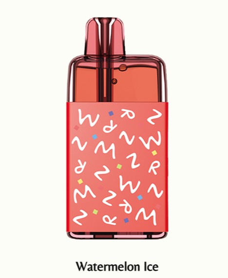 A translucent red disposable vape device with a pinkish-red sleeve printed with white abstract symbols and small blue and yellow dots, shown on a light cream background with the text 'Watermelon Ice' below.